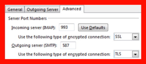 Set Incoming server (IMAP) to 993 with SSL encryption, then set Outgoing server with TLS encryption