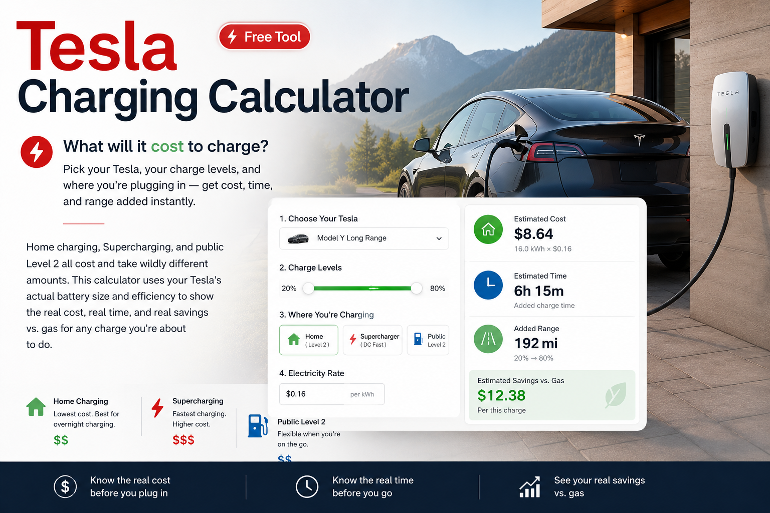 Tesla charging at home, with the charging calculator showing estimated cost, time, and added range