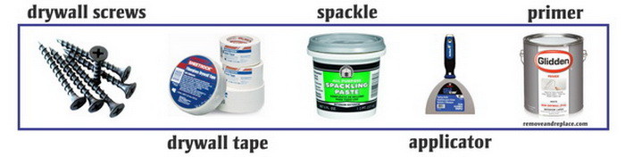 Drywall Repair Supplies Needed - Drywall Screws, Drywall tape, Spackle, Applicator and Primer Paint