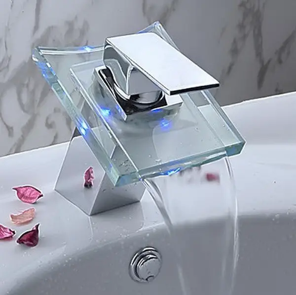LED 3 Color Waterfall Battery Chrome Bathroom Basin Sink Mix Tap Faucet