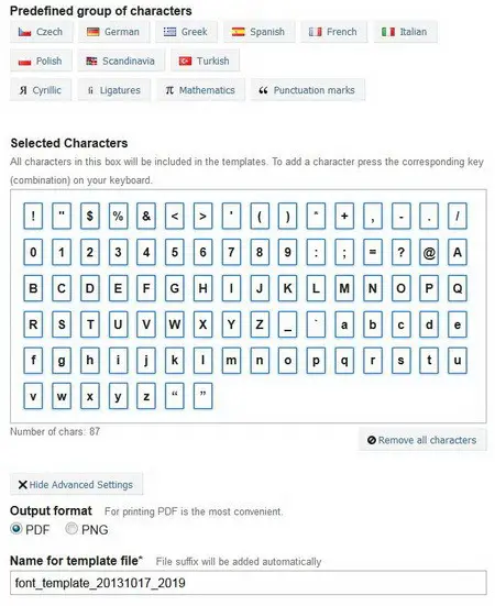 paint font select characters create template