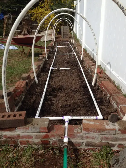 DIY Brick Raised Garden Greenhouse With Irrigation_11