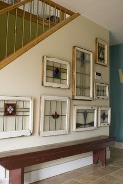 old metal window frames made into wall art