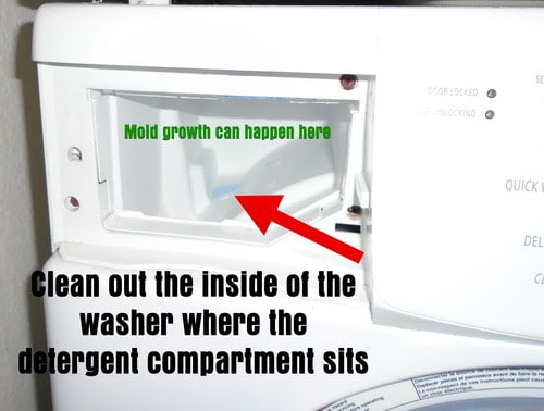 clean out the inside of the washer where the detergent compartment sits