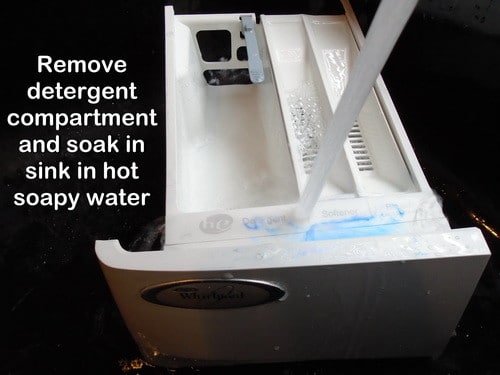 remove detergent compartment and soak in hot water