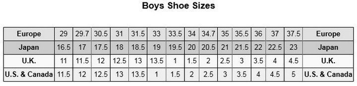international kids shoe size
