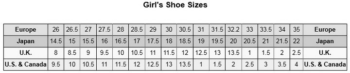 international girl shoe size chart
