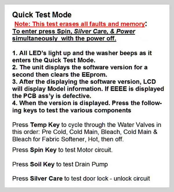 Samsung Washing Machine QUICK TEST MODE WF328AA Models
