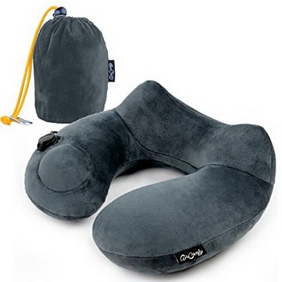 Push-Button Inflatable Daydreamer Neck Pillow with Airplane Travel Packsack and Luggage Clip