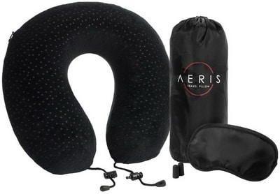 Aeris Memory Foam Travel Neck Pillow with Sleep Mask, Earplugs, Carry Bag, Adjustable Toggles and Velour Cover
