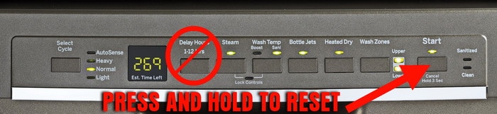Press the START button to cancel DELAY START GE Dishwasher