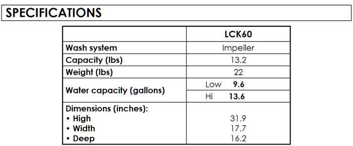 Koblenz lck60 washer specifications
