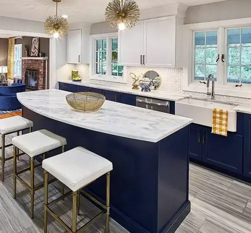 White Marble Countertop with Kitchen Island in Blue Paint