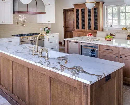 Modern White Marble Countertop With Brown cabinets