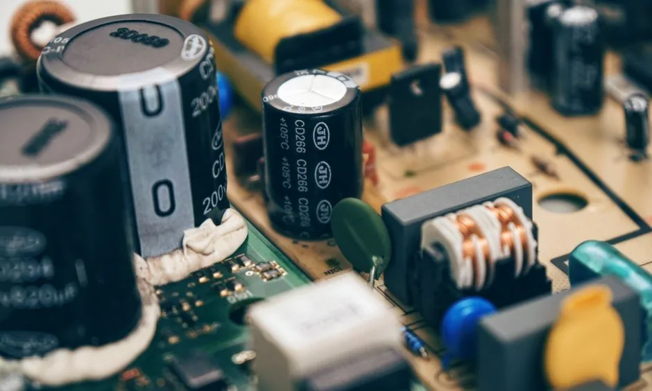 How to Safely Discharge a Capacitor: Universal Safety Guide 1 Close-up of capacitors mounted on a circuit board showing the metal terminals that must be discharged