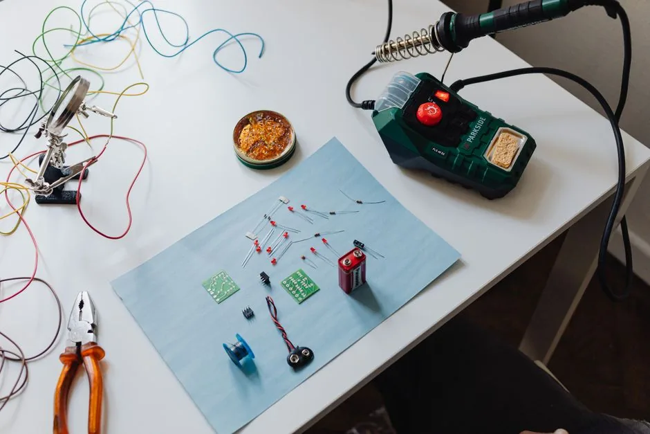How to Safely Discharge a Capacitor: Universal Safety Guide 2 Workspace with soldering station and hand tools arranged for a capacitor discharge and replacement job