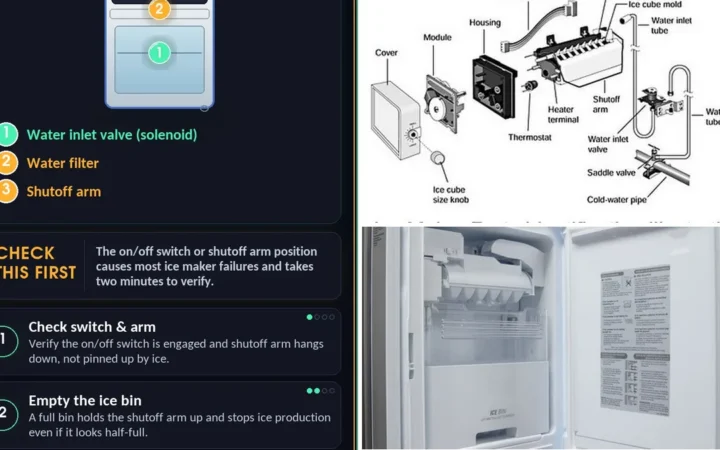 How To Fix A Refrigerator Ice Maker That Is Not Making Ice Cubes — photo collage