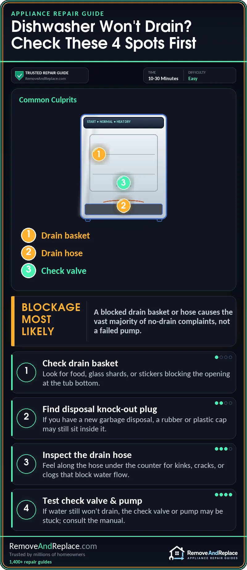 Dishwasher Won't Drain - What To Check - How To Fix — step-by-step repair infographic