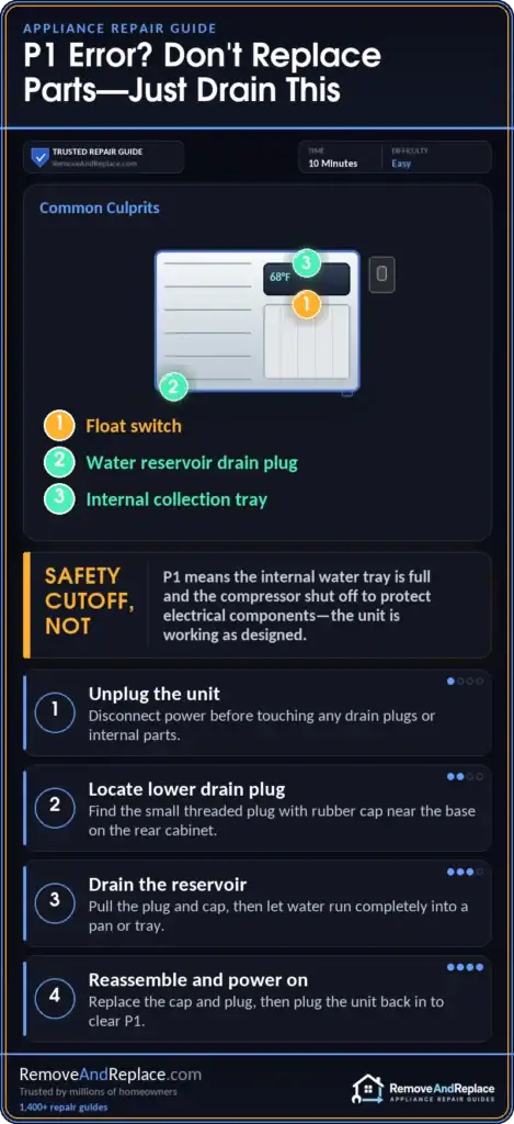 Haier Portable Air Conditioner P1 Error Code – Drain And Float Switch Fix — step-by-step repair infographic