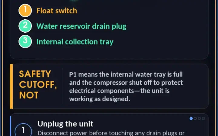 Haier Portable Air Conditioner P1 Error Code – Drain And Float Switch Fix — step-by-step repair infographic