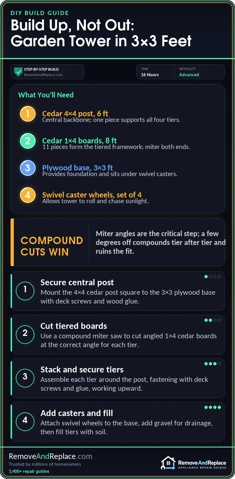 How To Build A Vertical Garden Pyramid Tower — materials and build-steps infographic