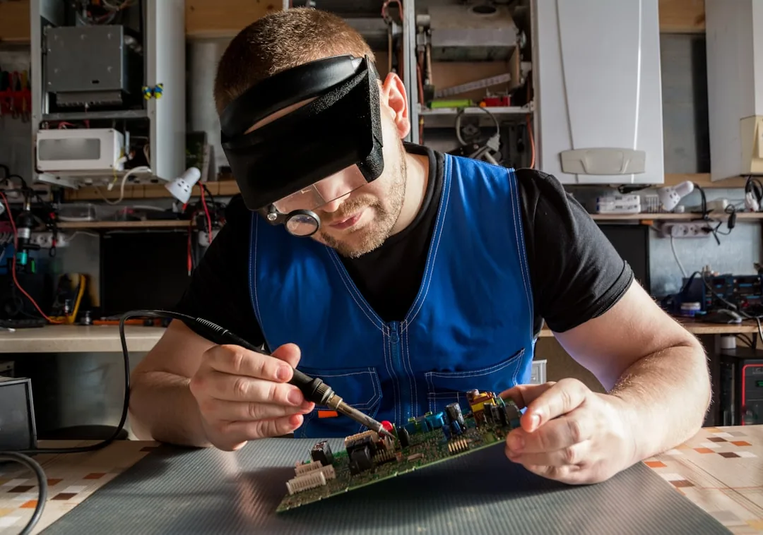 HVAC Repair Cost Guide: Capacitor, Compressor, Refrigerant Explained 5 a man wearing a blindfold working on a circuit board
