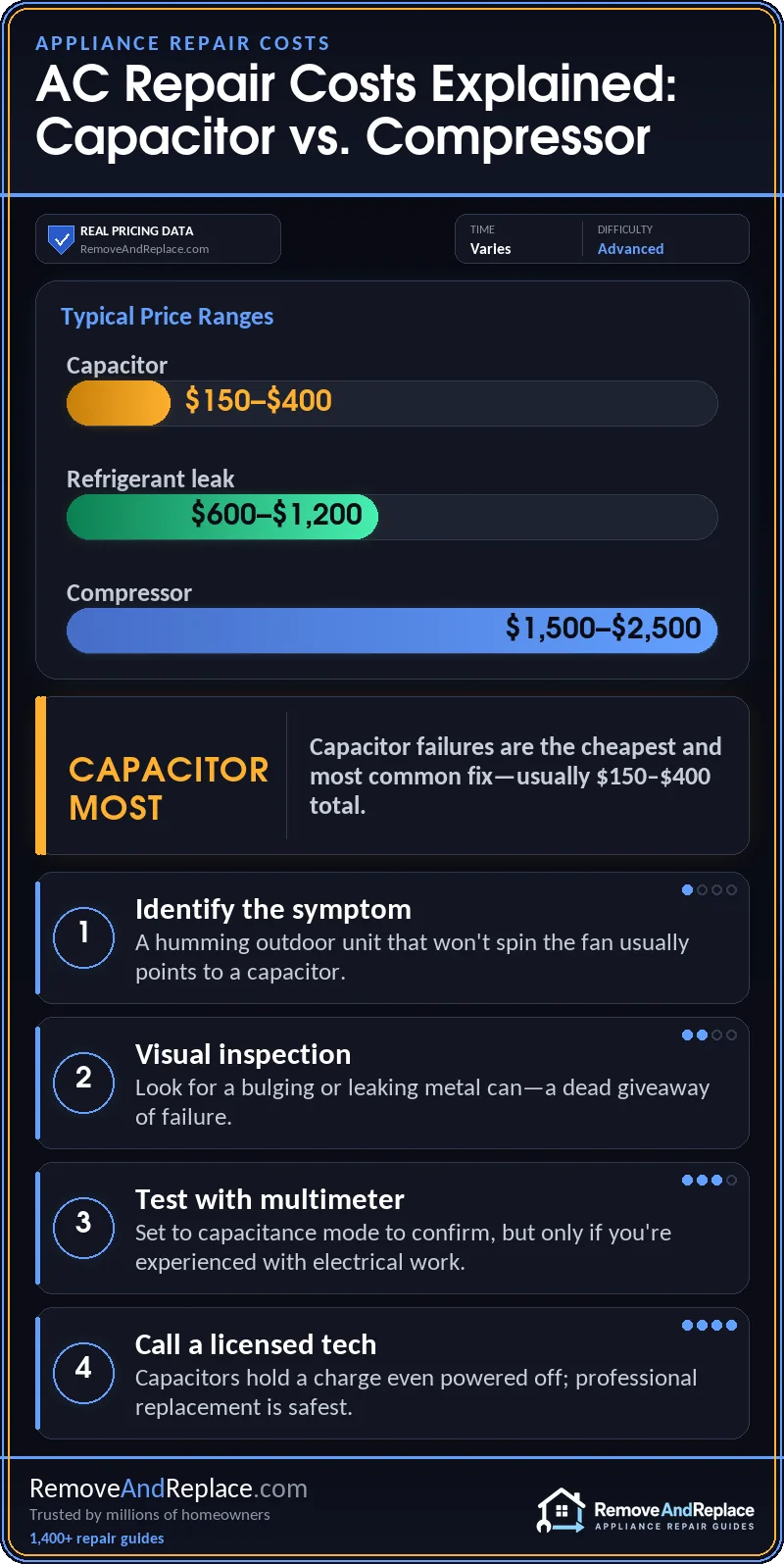 HVAC Repair Cost Guide: Capacitor, Compressor, Refrigerant Explained 1 HVAC Repair Cost Guide: Capacitor, Compressor, Refrigerant Explained — price breakdown infographic