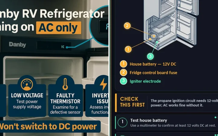 My Danby RV Refrigerator is running on AC only — photo collage
