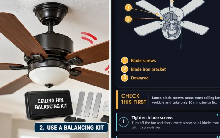 Ceiling Fan Wobble Fix: Blade Screws, Balancing Kit and Housing Check 2 Ceiling Fan Wobble Fix: Blade Screws, Balancing Kit and Housing Check — photo collage