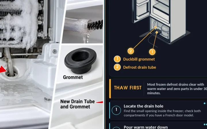 How to Clear and Replace a Frozen Defrost Drain Tube and Grommet — photo collage