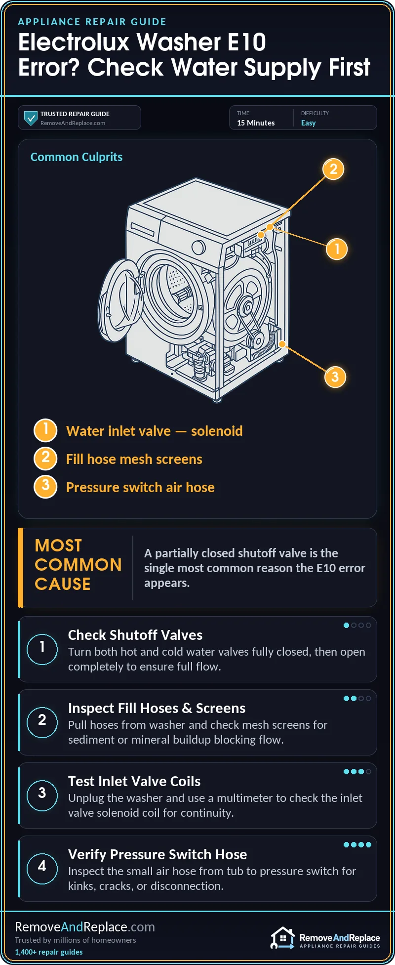 Electrolux Washer E10 Error: Water Fill Inlet Fault 2 Electrolux Washer E10 Error: Water Fill Inlet Fault — step-by-step repair infographic