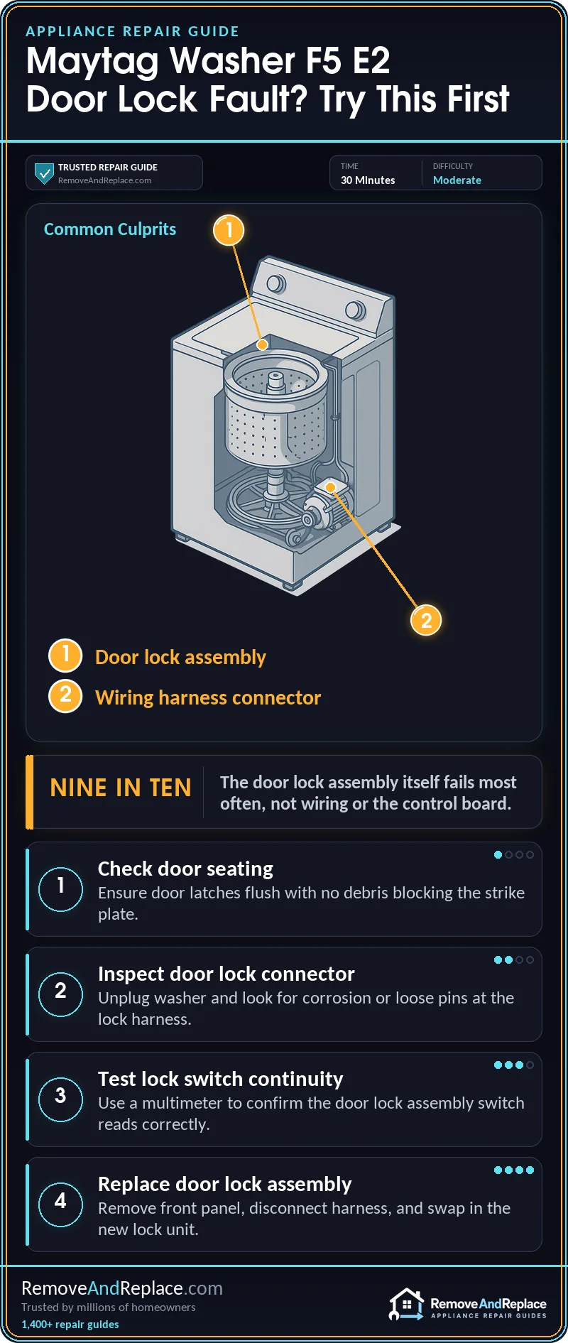 Maytag Washer F5 E2 Door Lock Fault: Front-Loader Issue 2 Maytag Washer F5 E2 Door Lock Fault: Front-Loader Issue — step-by-step repair infographic