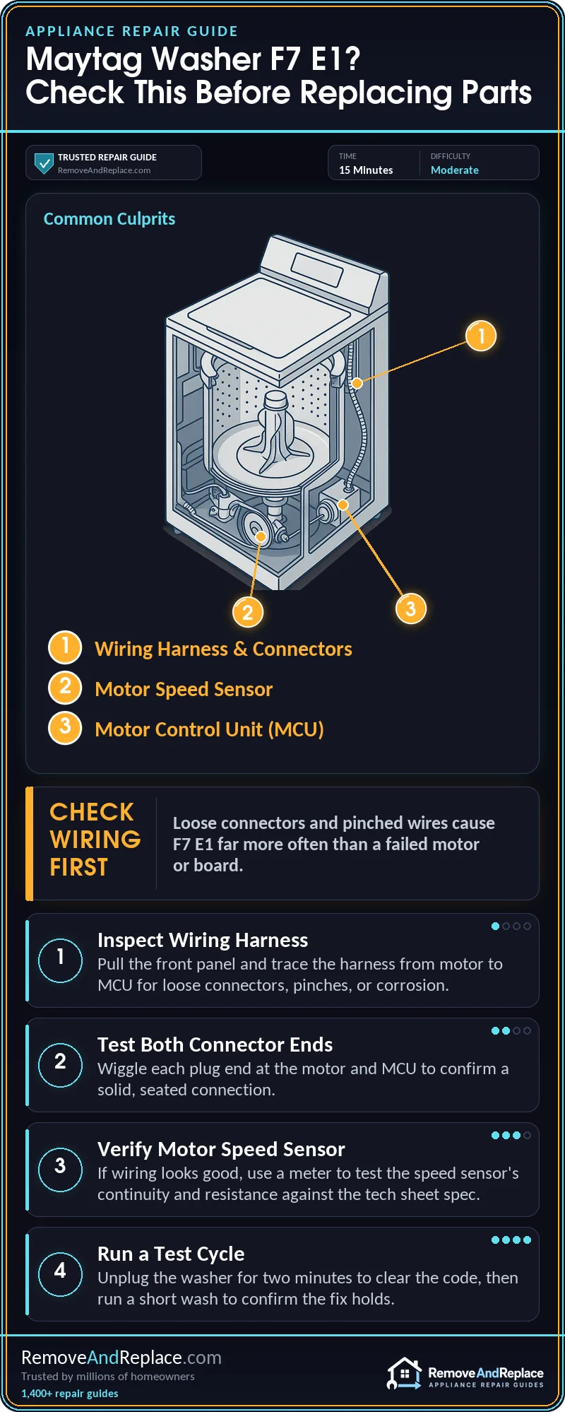 Maytag Washer F7 E1 Motor Speed Sensing Error 2 Maytag Washer F7 E1 Motor Speed Sensing Error — step-by-step repair infographic