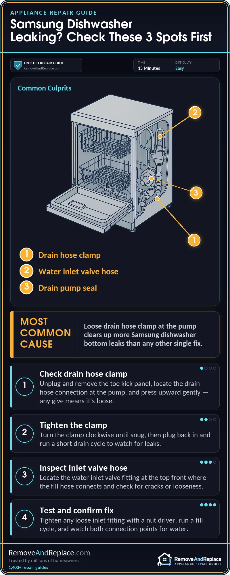 Samsung Dishwasher Water Leaking From Bottom: Hose Connection & Drain Seal 2 Samsung Dishwasher Water Leaking From Bottom: Hose Connection & Drain Seal — step-by-step repair infographic