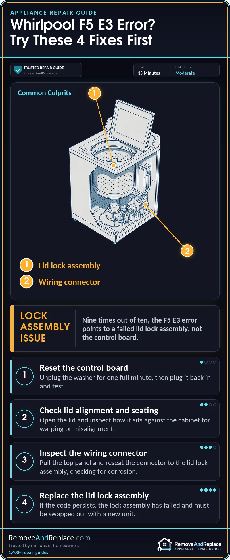 Whirlpool F5 E3 Lid Lock Error: Top-Load Washer Fix 2 Whirlpool F5 E3 Lid Lock Error: Top-Load Washer Fix — step-by-step repair infographic