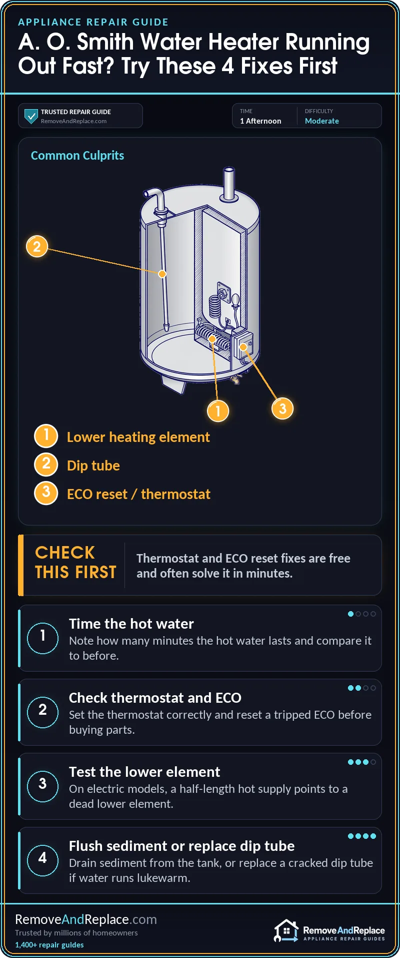 A. O. Smith Water Heater Running Out of Hot Water Quickly: How to Fix It 2 A. O. Smith Water Heater Running Out of Hot Water Quickly: How to Fix It — step-by-step repair infographic
