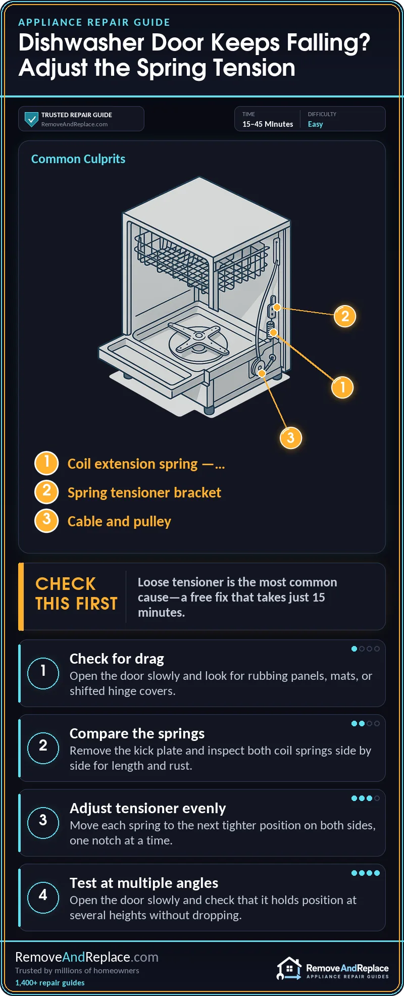 How to Adjust Dishwasher Door Spring Tension So the Door Stays Open Where You Leave It 2 How to Adjust Dishwasher Door Spring Tension So the Door Stays Open Where You Leave It — step-by-step repair infographic