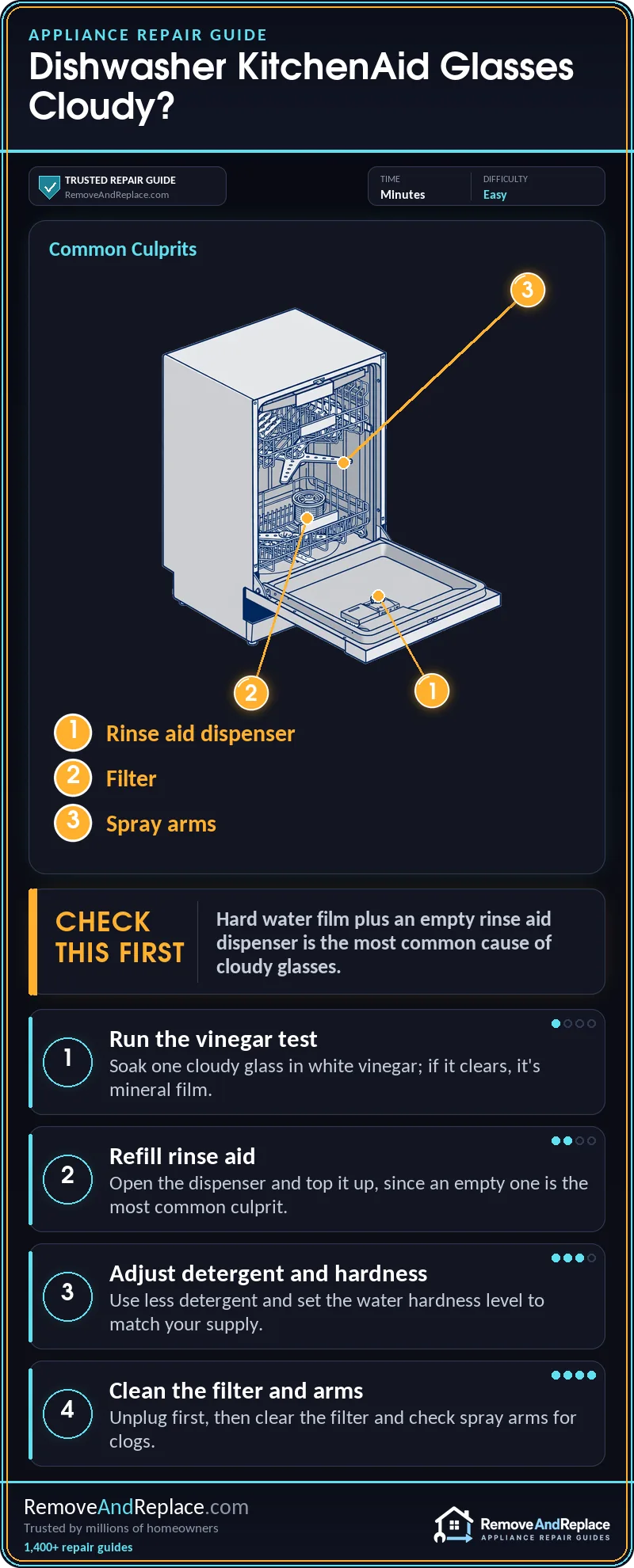 How to Fix a KitchenAid Dishwasher That Leaves Cloudy Spots on Glasses 2 How to Fix a KitchenAid Dishwasher That Leaves Cloudy Spots on Glasses — step-by-step repair infographic