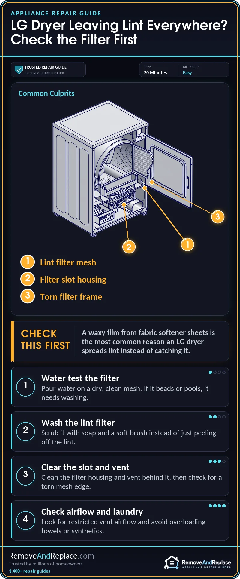 How to Fix an LG Dryer That Is Leaving Lint Everywhere 2 How to Fix an LG Dryer That Is Leaving Lint Everywhere — step-by-step repair infographic