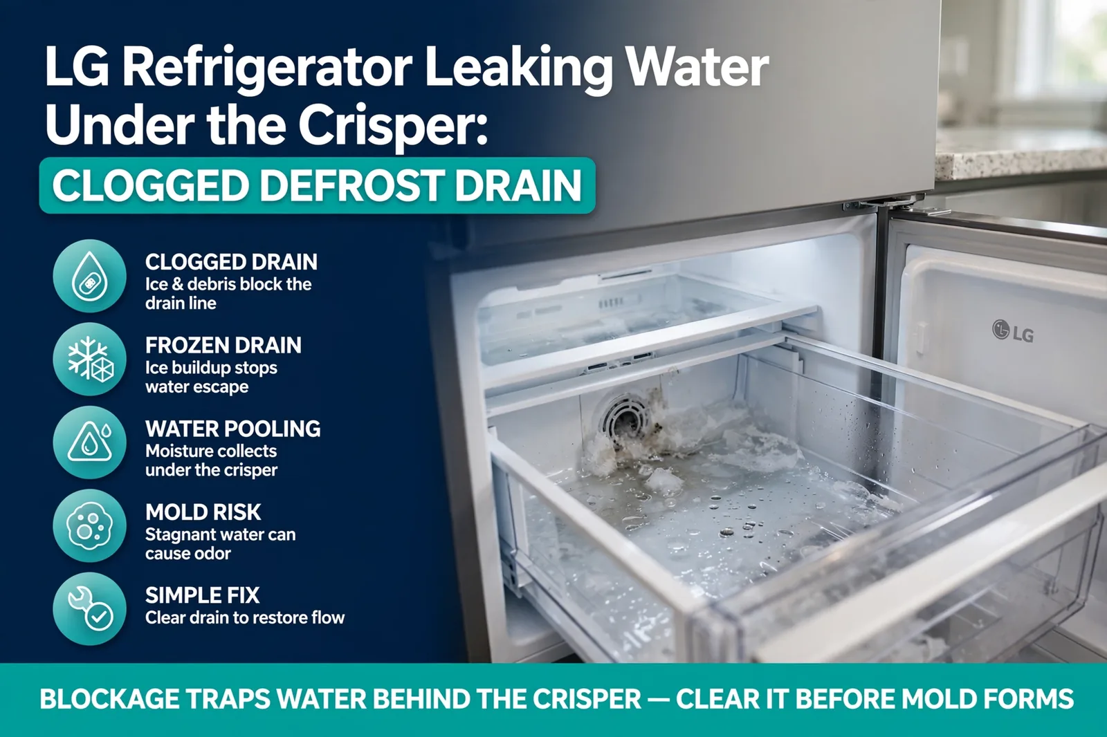 Refrigerator Leaking Water Under the Crisper: Clogged Defrost Drain 1 Refrigerator Leaking Water Under the Crisper: Clogged Defrost Drain