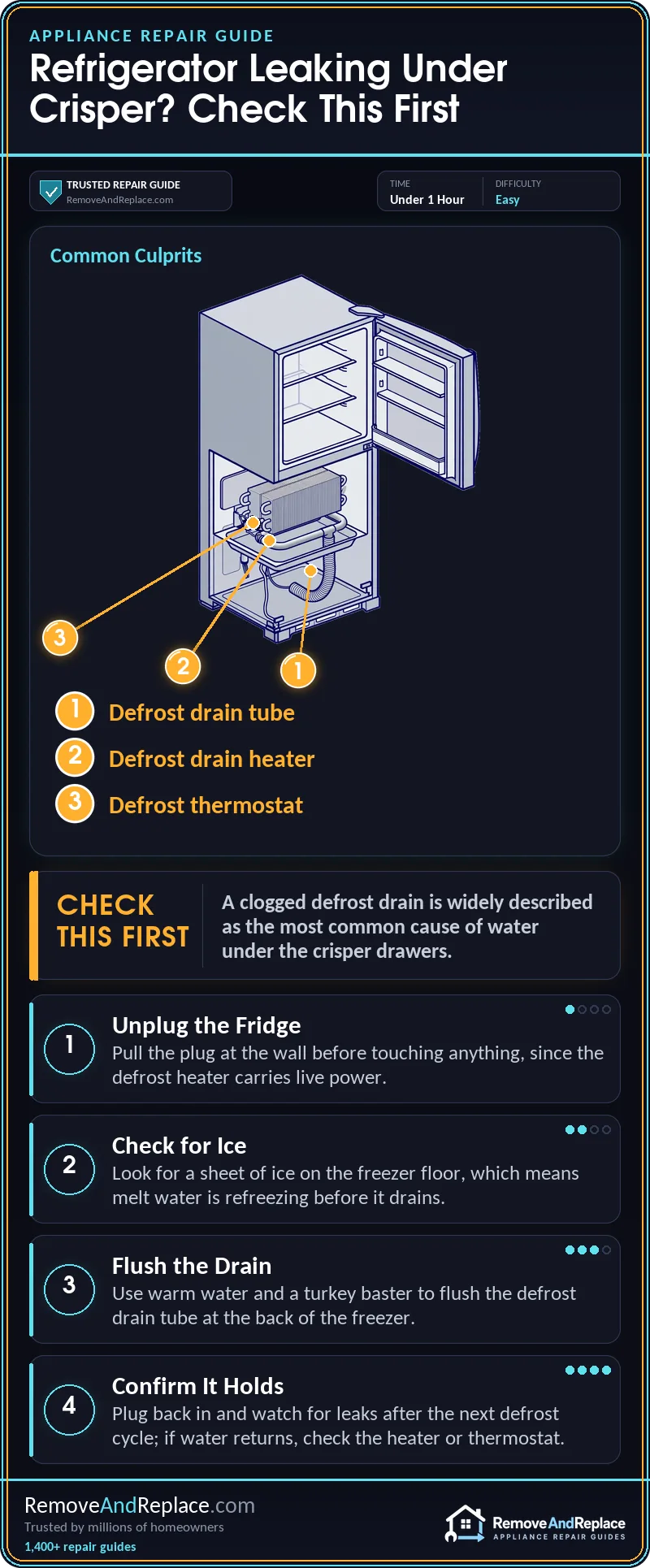 Refrigerator Leaking Water Under the Crisper: Clogged Defrost Drain 2 Refrigerator Leaking Water Under the Crisper: Clogged Defrost Drain — step-by-step repair infographic